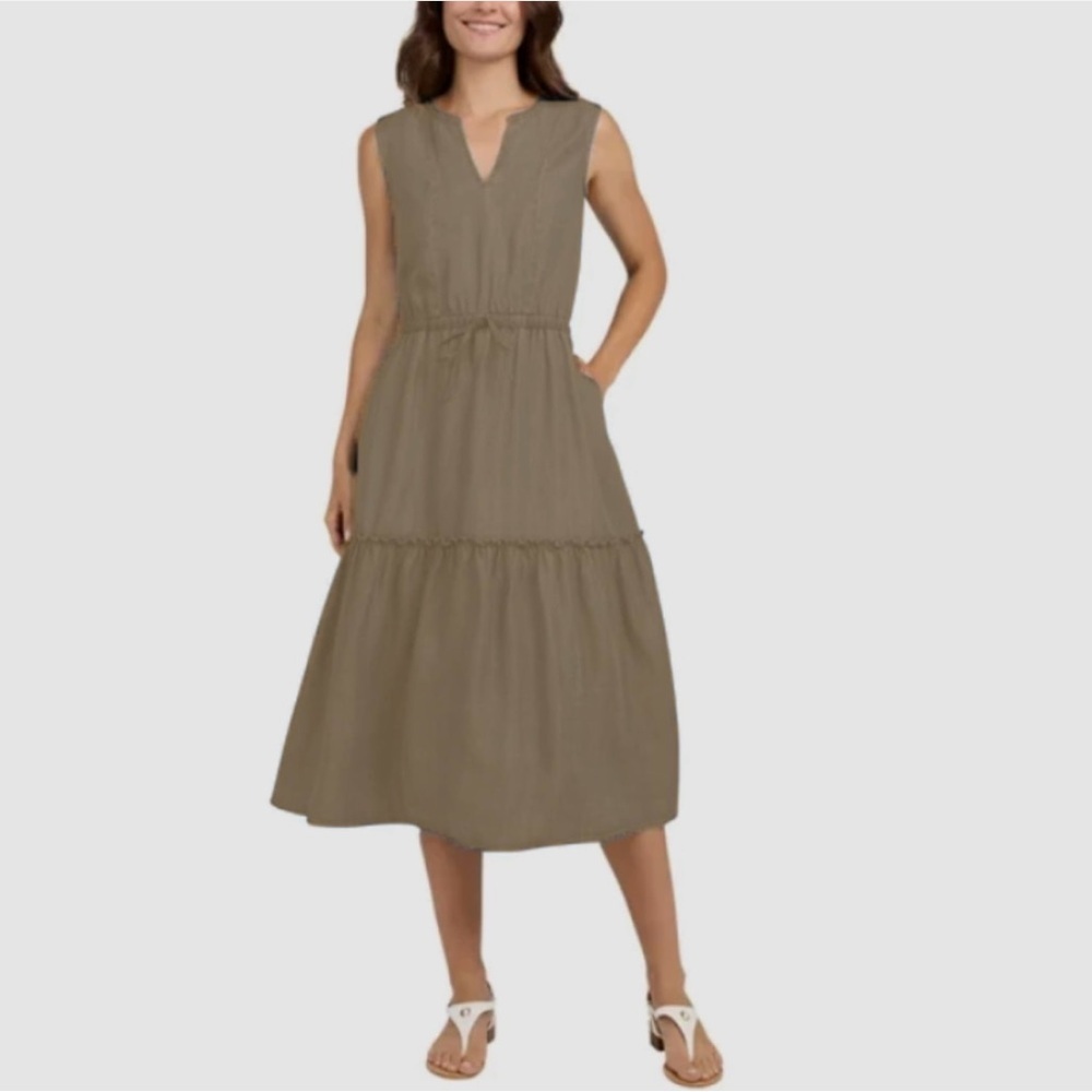 Lands End Sleeveless Tiered Midi Dress S Tan Khaki Minimalist Capsule Wardrobe